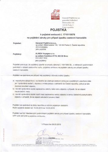 Doklad o uzavření pojištění pro případ úpadku u Generali Pojišťovny a.s.